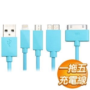EQ 1m 一拖五充電線《藍》Micro USB/Lightning(8Pin、30Pin)/Micro B