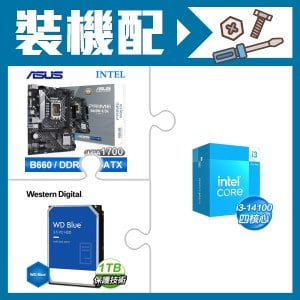 ☆裝機配★ i3-14100+華碩 PRIME B660M-K D4-CSM M-ATX主機板+WD 藍標 1TB 3.5吋硬碟