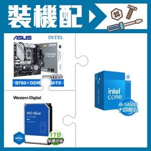 ☆裝機配★ i5-14500+華碩 PRIME B760M-A WIFI-CSM D5 M-ATX主機板+WD 藍標 1TB 3.5吋硬碟