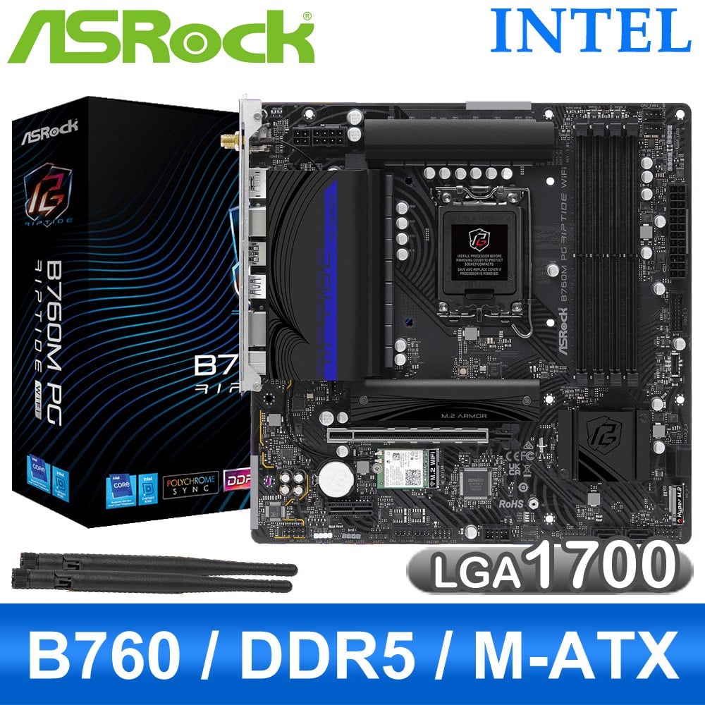 ASRock 華擎 B760M PG RIPTIDE WIFI D5 LGA1700主機板(M-ATX/3+2年保)