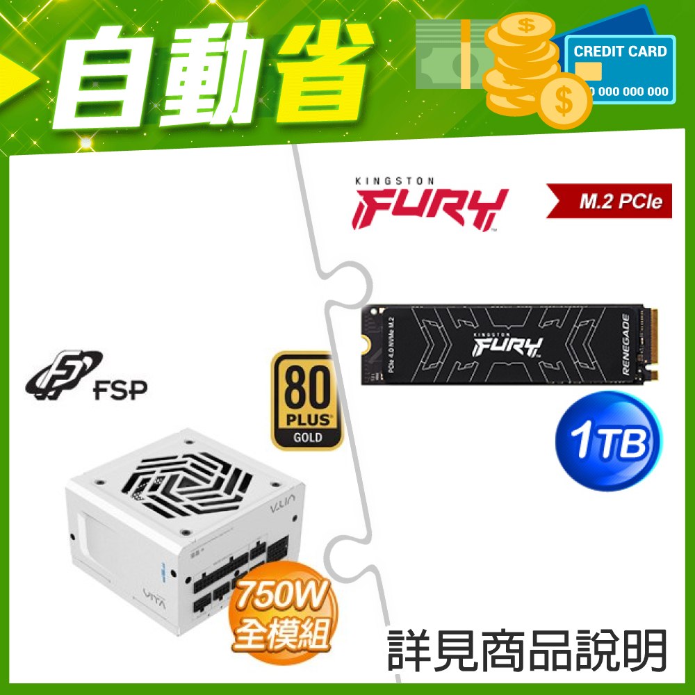 ☆自動省★ 金士頓 FURY Renegade 1TB M.2 PCIe 4.0 SSD(X2)+全漢 VITA-750GM 750W 金牌 全模組 ATX3.1(PCIe5.1)《白》(X3)